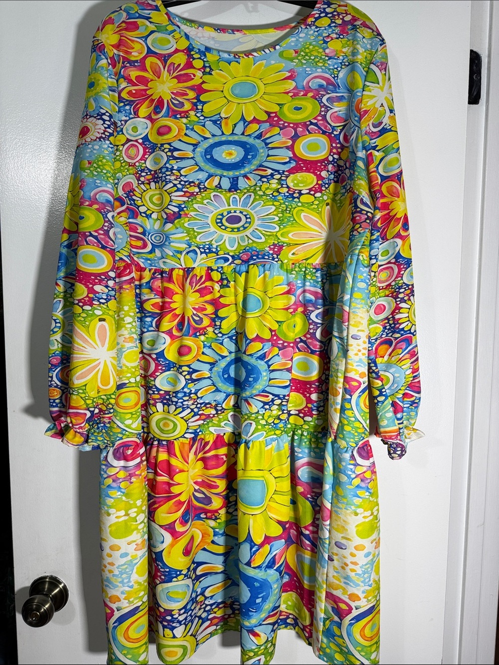Vibrant Floral Multicolor Long Sleeve Tiered Dress